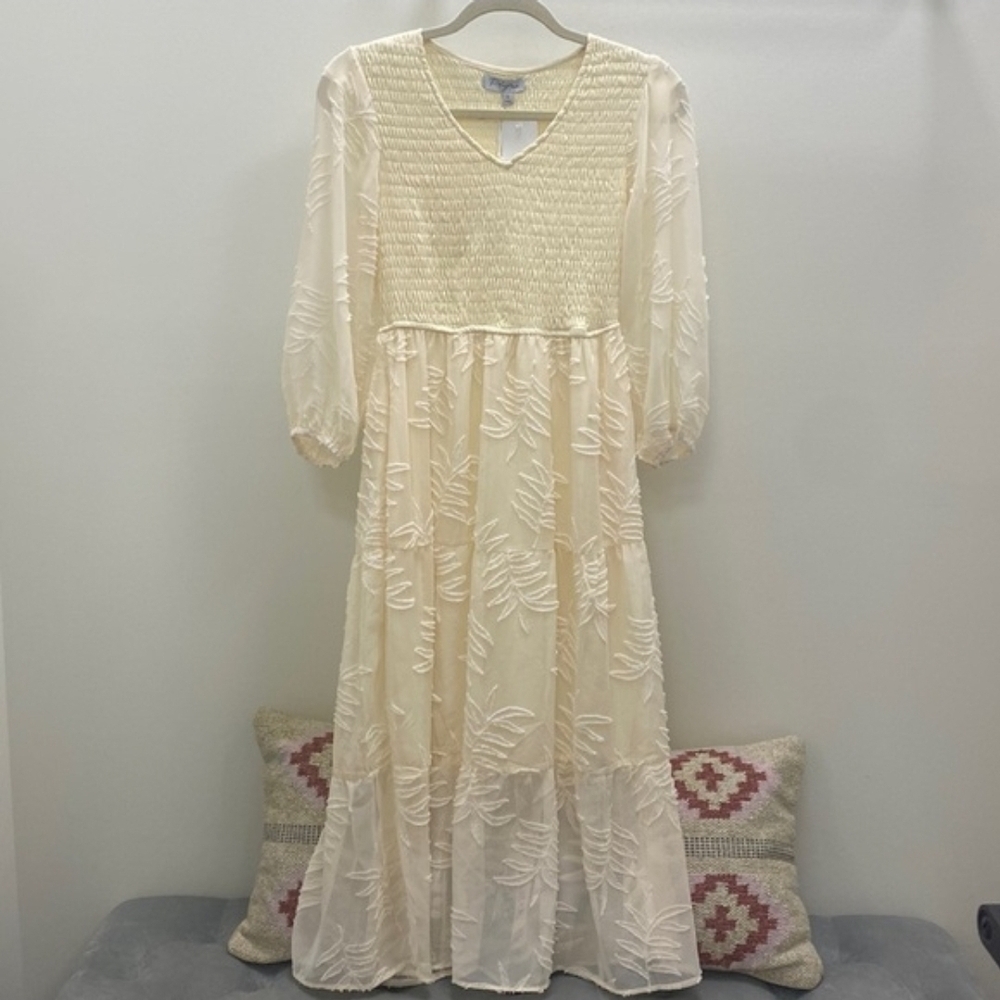 Cream Smocked V-Neck Midi Dress